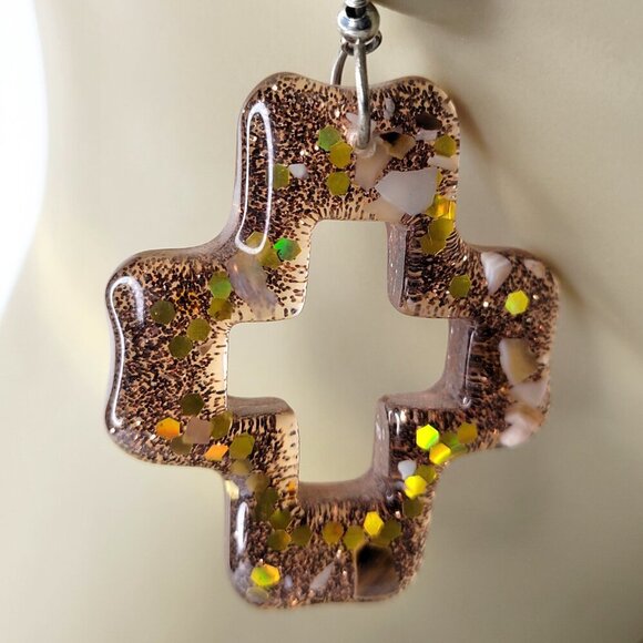 Sparkly Brown Earrings Geometric Shape Earrings or Cross Shape Earrings - Picture 4 of 7